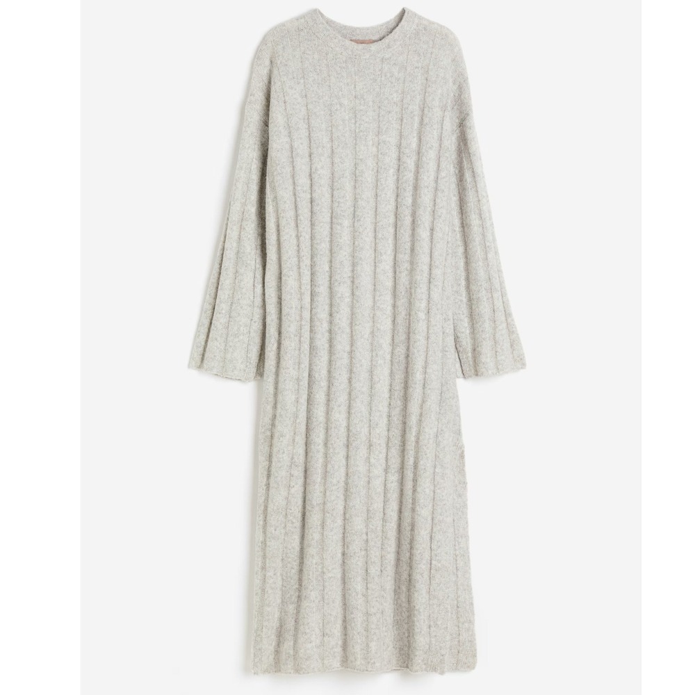 Ribbed Crew Knit Sweater Dress Cream Midi Long Sleeve Slit Y2K Bodycon Fall Med